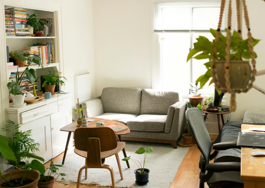 A calm living room with a large window